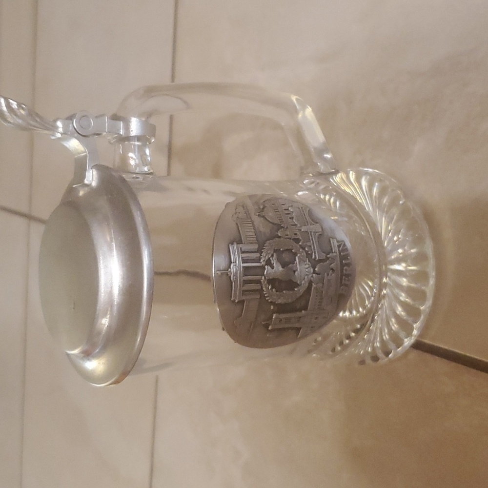 Berlin Lidded Glass Stein Beer Mug  Pewter Medallion 5in
